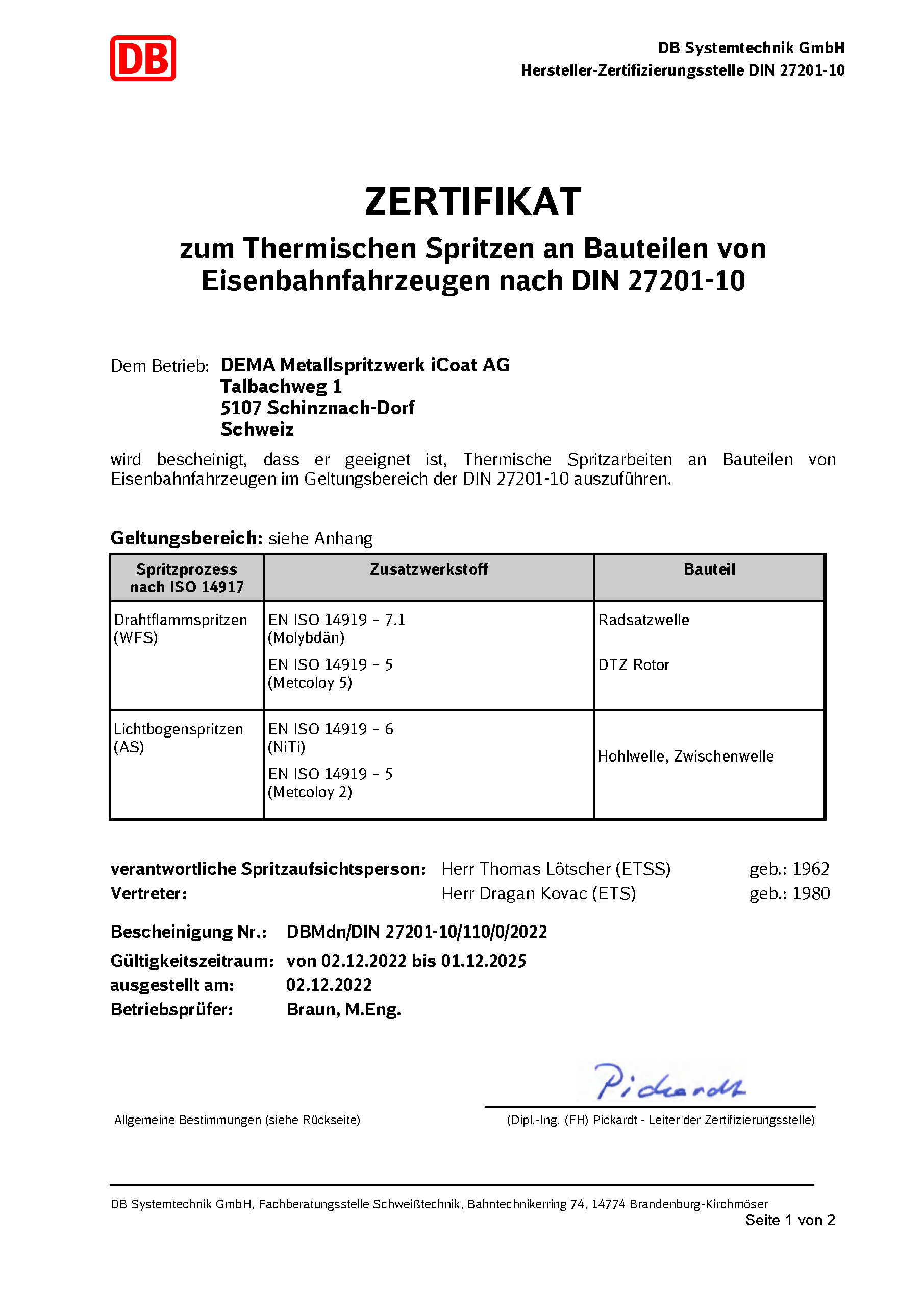 DEMA Metallspritzwerk iCoat AG - Zertifikat DIN27201-10