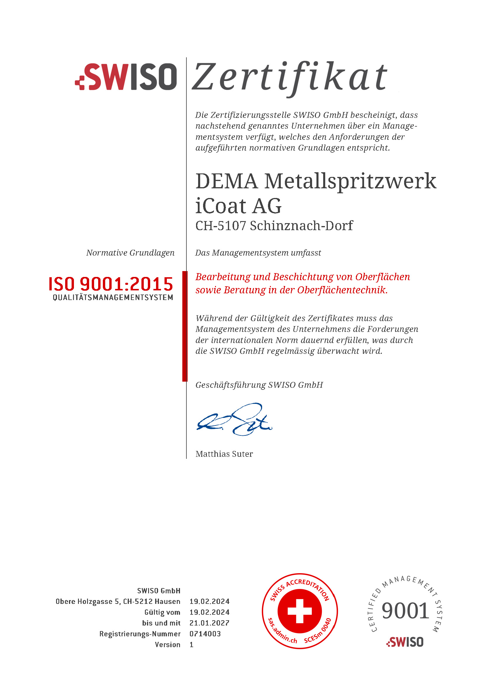 DEMA Metallspritzwerk iCoat AG - Zertifikat ISO9001-2015